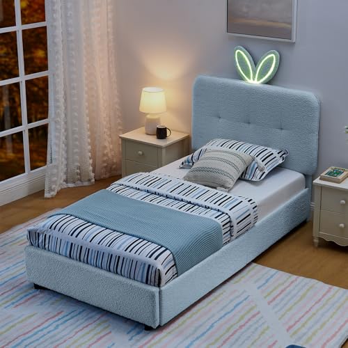 Image of Twin Led Bed Frame with 4 Storage Drawer, Upholstered Platform Floor Bed with Rabbit Ear Headboard Daybed Strong Wooden Slats No Box Spring Needed for Kids Girls Boys, Blue