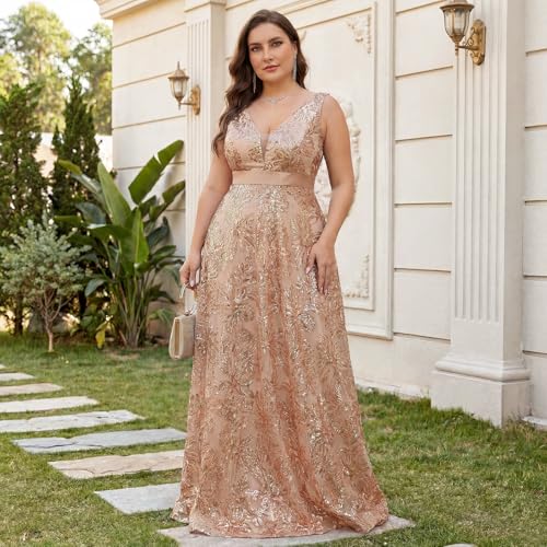 Image of Plus Size Formal Dresses for Women with Embroidery Sequin and V-Neck, A-Line Maxi Dress for Wedding and Cocktail