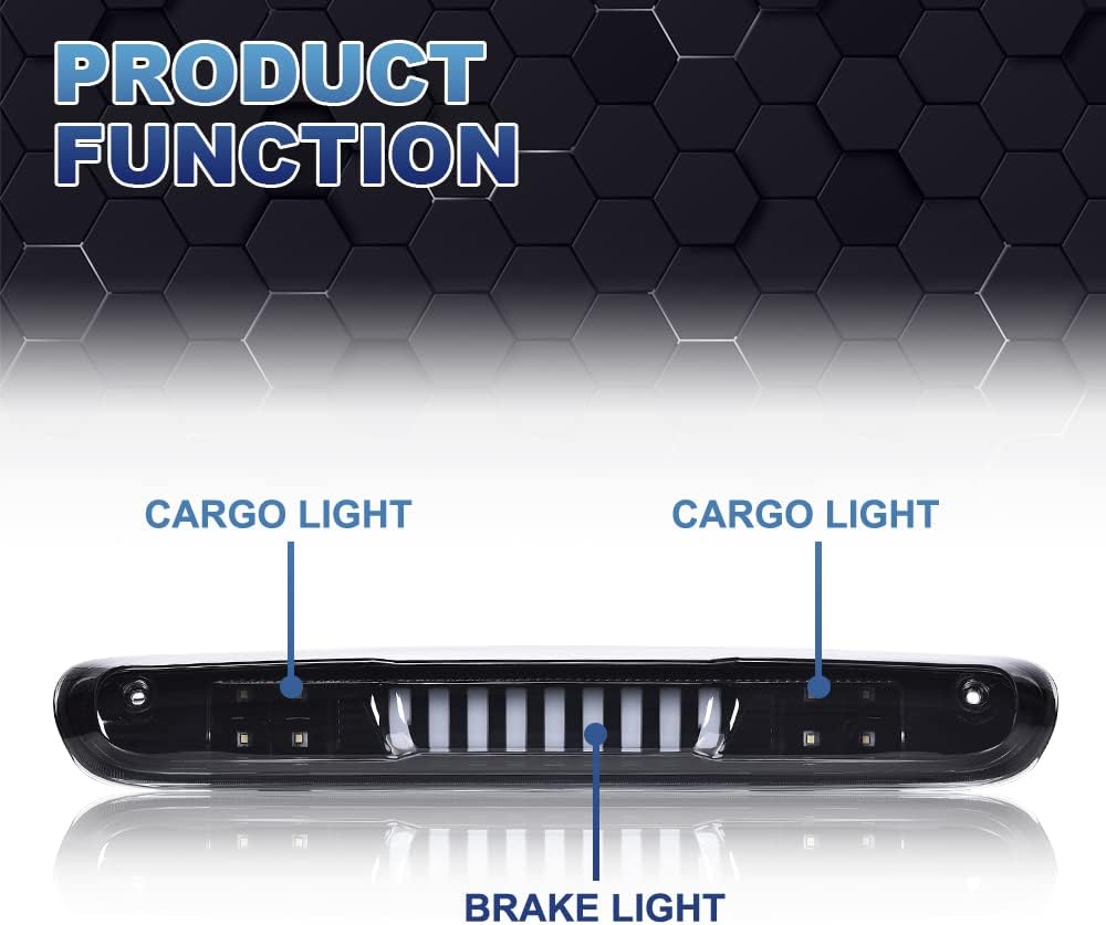 PIT66 LED 3rd Brake Light, Compatible with 2007-2014 Chevy Silverado/2007-2014 GMC Sierra/Compatible with 2009-2010 H-ummer H3T LED Third Brake Light Cargo Black Housing Smoky Lens