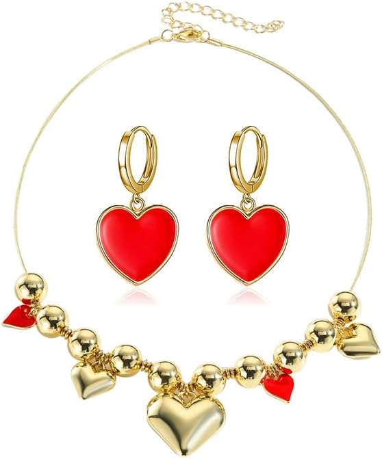 ONLYJUMP 2 Pairs Red Heart Necklace Earrings for Women Elegant Pearl Heart Choker Necklaces Fashion Wedding Party Prom Bride Bridesmaids Gift