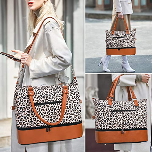 Women Travel Duffle Bag Canvas Carry On Tote Weekender Overnight Bag with PU Leather Shoulder Strap and Shoe Compartment Leopard 18 Inch