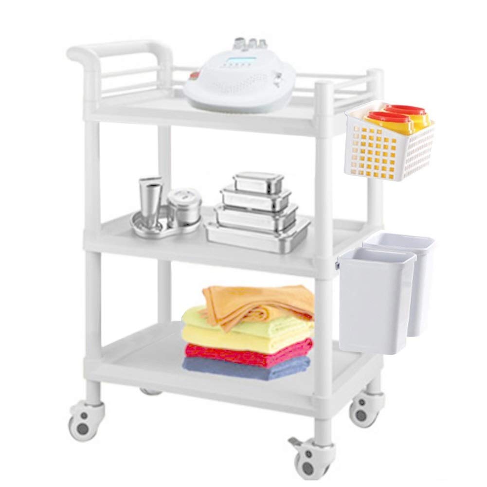 asdchZen Utility Cart Organizer Storage Trolley Service Cart Salon Trolley White Rolling Instrument Cart For & 3-Shelf Beauty With Abs Drawer & Brake Wheels,76X53X98Cm