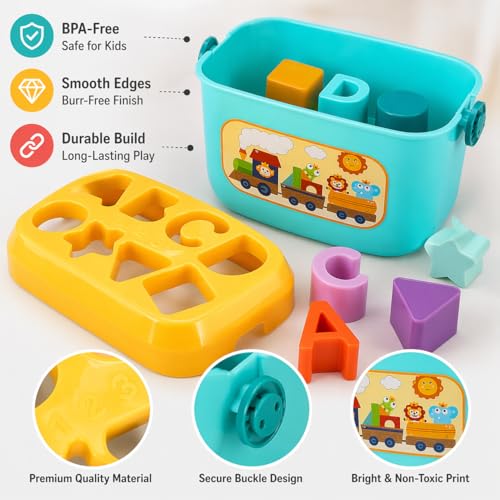 Image of Goyal's Shape Sorter Toy for Toddlers | Shape and Color Learning with ABC & Shapes Blocks | Sorting and Matching Playset with Carry Handle for Easy Storage for Kids (16 Alphabetic Shape Blocks)