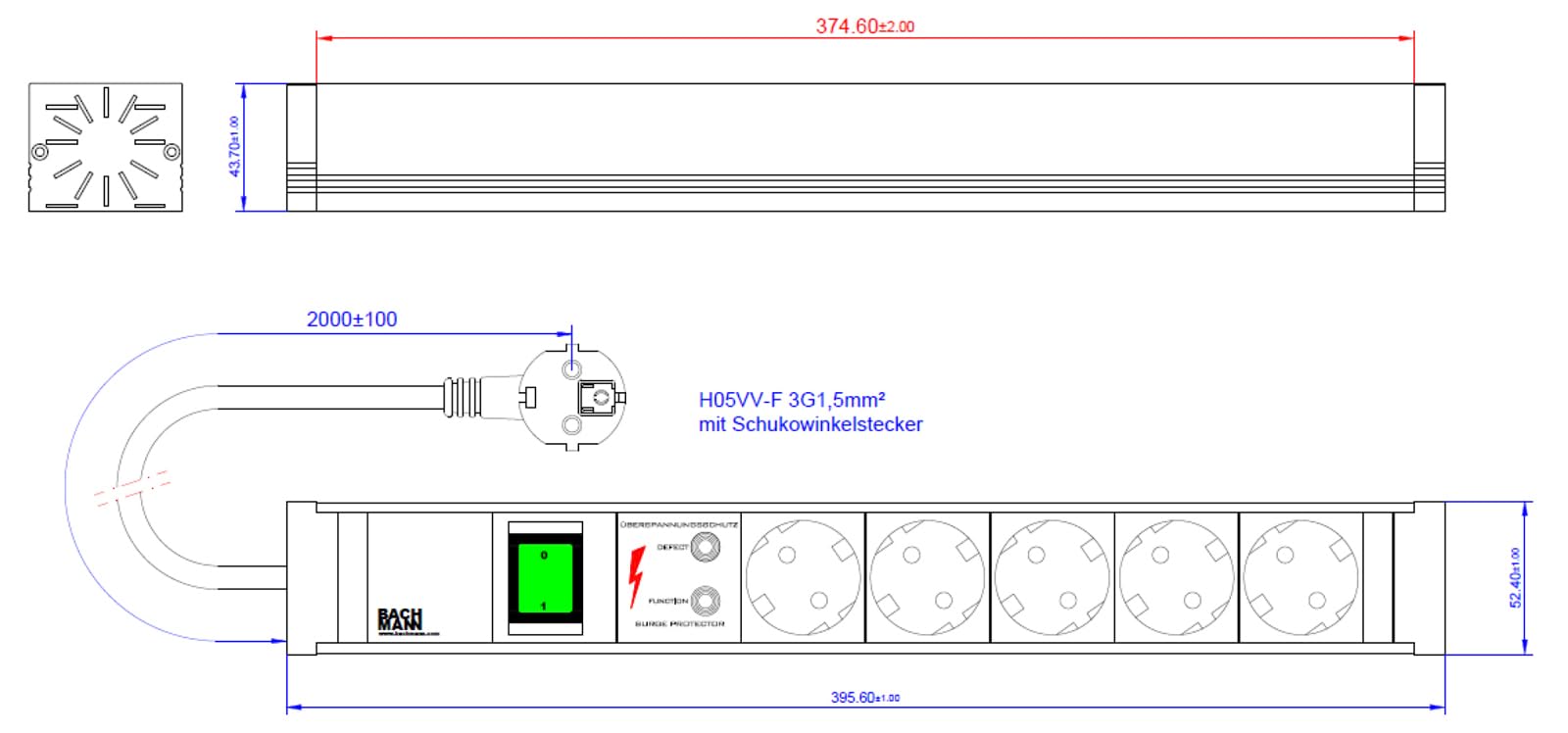 Bachmann Connect Line - Regleta 5xschukos+1int.Bipolar luminaria +protección sobretensión
