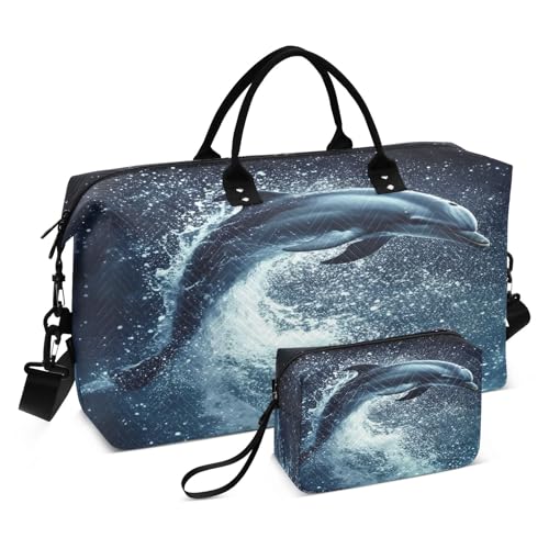 Weekender Bags Travel Duffel Gym Bag Dolphin Carry on Overnight Tote Bag with Toiletry Bag for Airplane Travel Trip Gym Yoga
