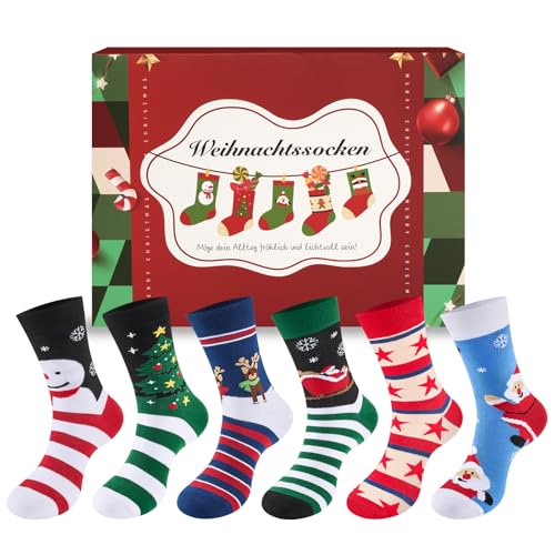 SukModen Calcetines navideños para mujer y hombre, 6 pares, 37-46, divertidos calcetines de Navidad unisex con motivo navideño, regalos de Navidad, A Rayas, 37-46
