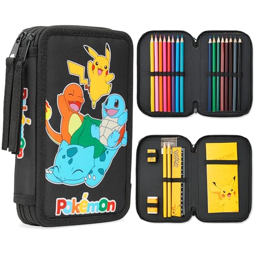 Pokémon Trousse Enfant et Ado avec Fournitures Scolaires Kit Papeterie Pikachu Trousse Double Compartiment Crayons HB Kit Dessin Coloriage (Charmander Pikachu...