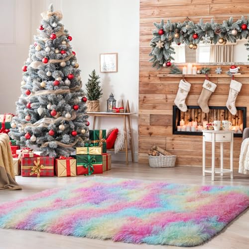 Rainbow Rug for Girls Bedroom, 2x3 Fluffy Area for Kids Playroom, Furry Carpet for Nursery, Shaggy for Teen Living Room, Thick Fuzzy Plush for Dorm, Cute Room Decor for Baby