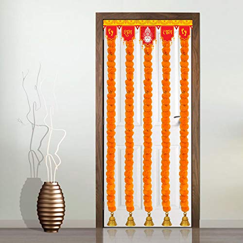 Image of iHandikart Artificial Marigold with Bell Decorative Garland | Marigold Garland | Door Hanging Garland, Diwali Decoration, Size 60 inch, Pack of 10 Colour Mango (31042-B)
