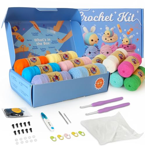 Image of Crochetta Crochet Kit for Beginners Adults - Complete Starter Set with Crochet Hooks, Scissors, Stitch Markers + 12-Colored Yarn 45-50 Yards (20g) per Color