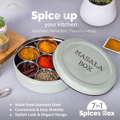 Image of Metallure Home Modern Stainless Steel Masala Box | Masala Dabba with 7 Containers and Spoon | Kitchen Spice Storage Container | Masala Dani (Spoon Included) | Handcrafted Aesthetic Design (Green)