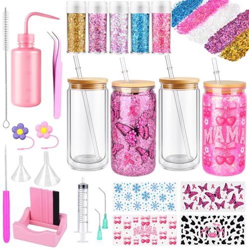 kiddgroo Snow Globe Tumbler Supplies, 25 Pcs DIY Snowglobe Cup Set– Includes 16oz Double-Wall Acrylic Tumbler, Cup Cradle, UV DTF Wraps, Craft Glitter & DIY Tools, Easter Birthday Gifts for Girls