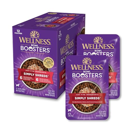 Wellness Bowl Boosters Simply Shreds Variety Pack Wet Dog Food Topper for Small, Medium, and Large Breeds, Grain Free, Natural, Chicken Recipes, 2.8 oz, Pack of 12 Pouches