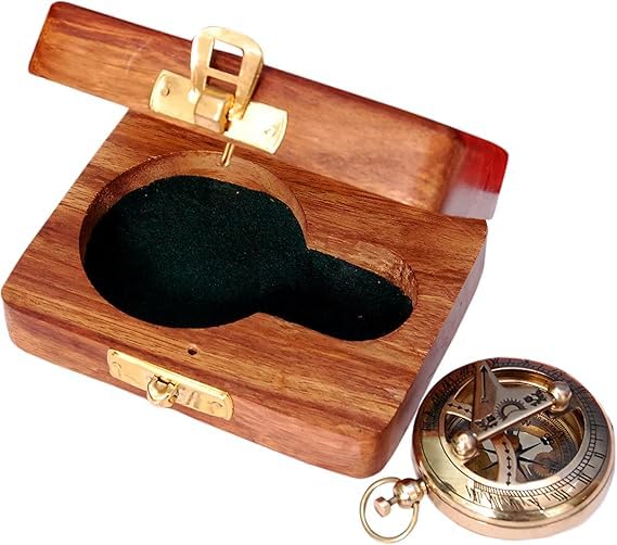 Brújula náutica de latón con caja de madera – Reloj de sol y brújula estilo antiguo, regalo vintage para navegación marítima, camping y senderismo miniatura 4