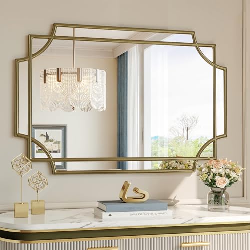 Brauthon Espejo decorativo dorado, espejos de pared de 24 x 36 pulgadas para sala de estar, comedor, dormitorio, entrada, chimenea, espejo geométrico rectangular para tocador de baño