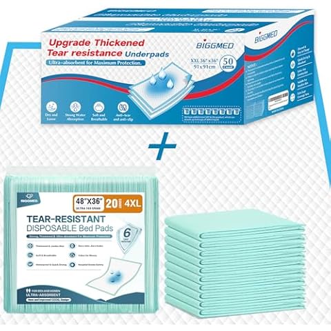 70 Pack - Tear-Resistant Disposable Underpads Bundle with 50 Pack 36 x 36 Chucks Pads, 20 Pack 36 x 48 Thicker Extra Large Bed Pads Disposable Adults Chux Pads, Pee Pads for Adults, Elderly, and Pets Cover