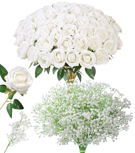 Image of HyeFlora 35 PCS Artificial White Roses with 15 PCS Fake Baby Breath Realistic Fake Flowers Bouquet with Stem for DIY Wedding Party Home Decoration Vase Tables Centerpieces Arrangements Gift for Her