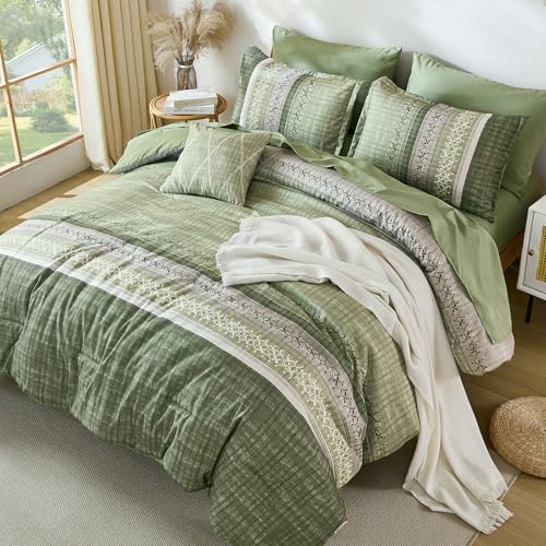 Image of Dintszyayue Sage Green King Comforter Size Set, 8 Pieces Striped Boho Texture Bed in a Bag Sets, Lightweight Soft Bohemian Comforter and Sheet Set, All Season Microfiber Bedding Sets for Men Women