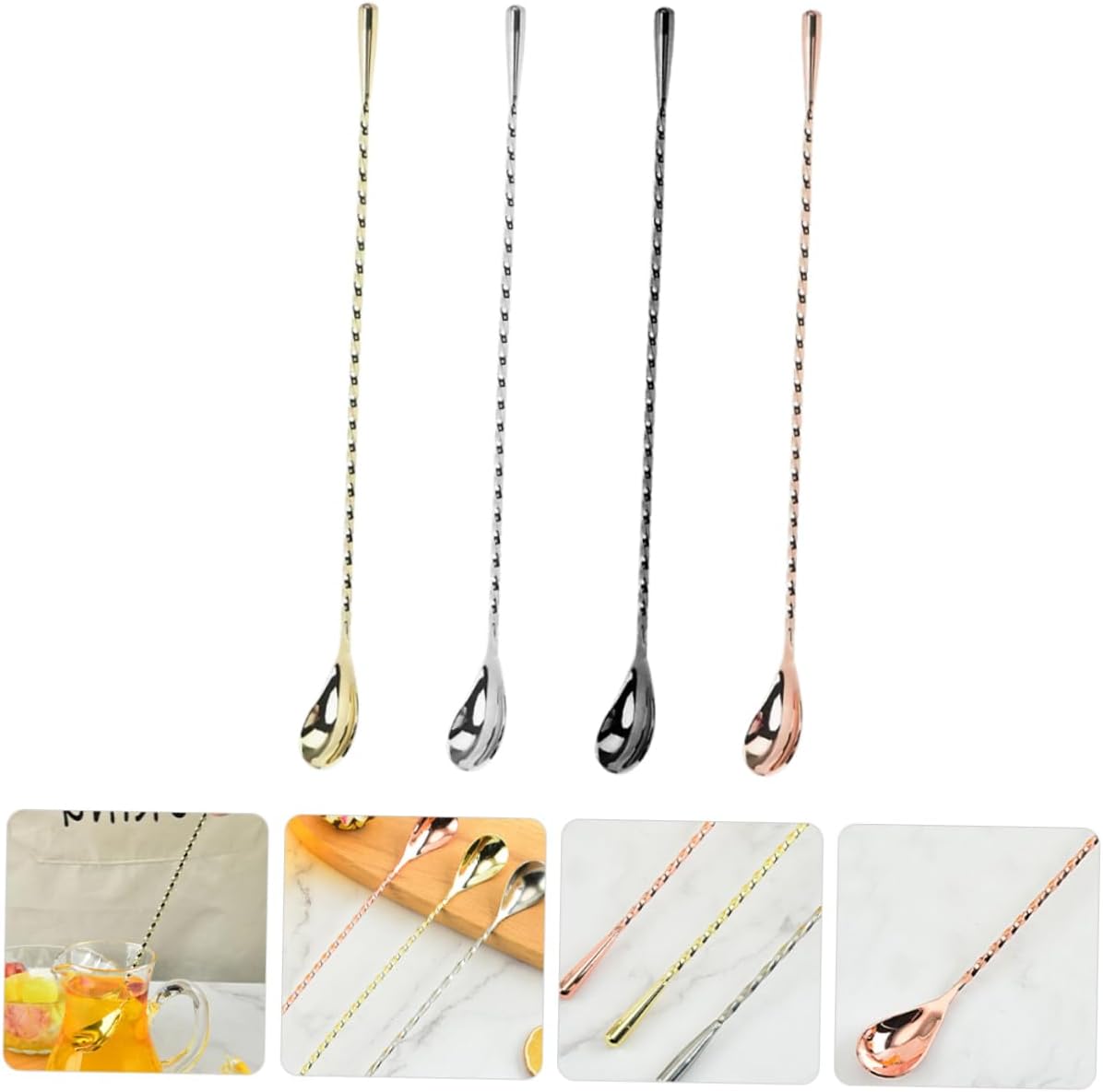 ABOOFAN 4Pcs Stainless Steel Mixing Spoons Long Handle Cocktail Stirring Utensils for Juice and Drinks and Easy to Clean