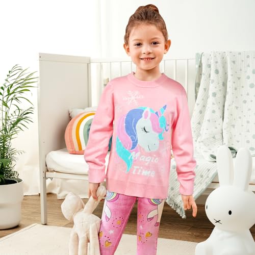 Image of Girls Unicorn Sweaters Kids Long Sleeve Cable Knit Sweater Chunky Pullover Jumper Fall Winter Pink