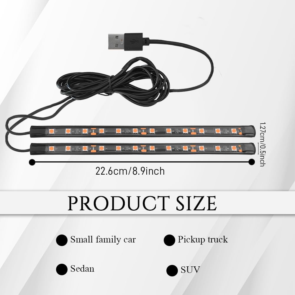 Car LED Strip Light, Car Interior Lights, 12V 24 LED Auto Under Dash Atmosphere Lights with USB Port, Auto Atmosphere Under Dash Lighting Kit for Vehicles (Orange, USB)