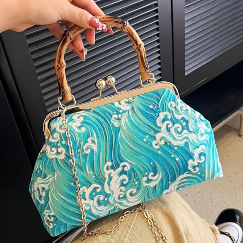 Sac cheongsam brodé élégant avec poignée rotin pour mariage