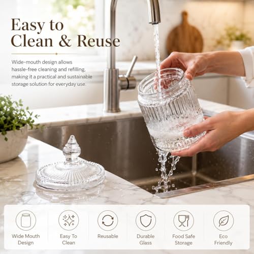 Image of bellemax 370 ML Ribbed Glass Candy Jar with Lid | Transparent Decorative Storage Container for Candy, Cookies, Chocolates, Dry Fruits & Snacks | Elegant Kitchen & Dining Organizer | Pack of 1