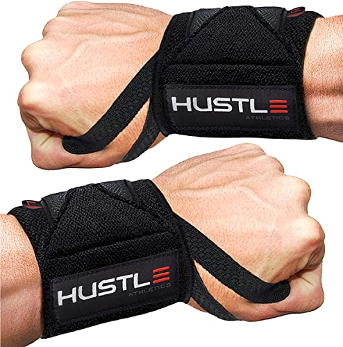 Hustle Athletics Wrist Wraps for Weightlifting, USPA-Approved Wrist Support Weight Lifting Wraps, Premium Hook-and-Loop, 12 in or 18 in Heavy-Duty Cotton-Elastic Support for Powerlifting & Bench Press