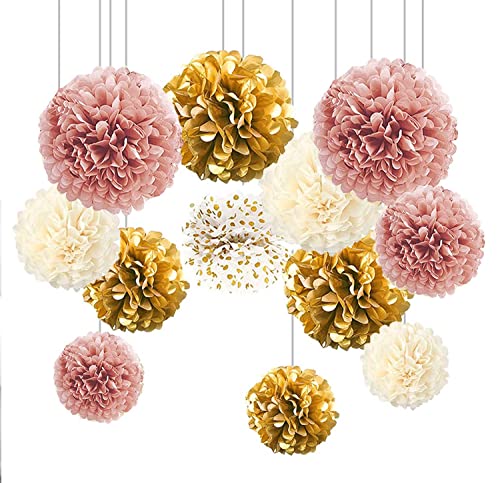 Image of XIKSXITN 12 pc Gold Gradient Tissue Paper Pompoms-Hanging Gold Dot White Paper Pom Poms Paper Flowers Ball for Party Decorative(8&10&12 inch)