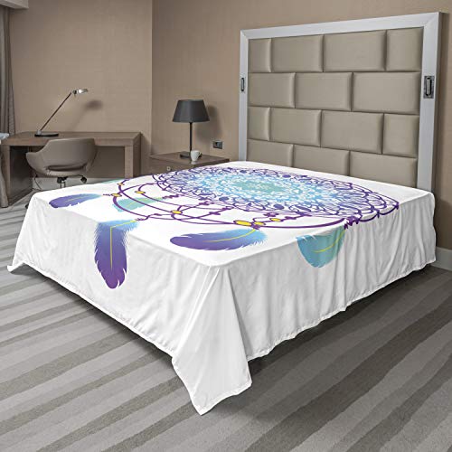 Ambesonne Blue Mandala Flat Sheet, Dreamcatcher with Feathers and Mandala Hippie, Soft Comfortable Top Sheet Decorative Bedding 1 Piece, California King, Purple Aqua and Yellow
