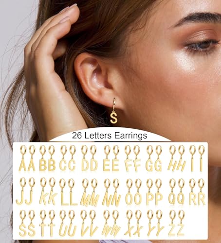 14K Gold Plated Initial Earrings, Dainty Gold Earrings Dangle Hoop Letter Earrings Cute Earrings for Women4