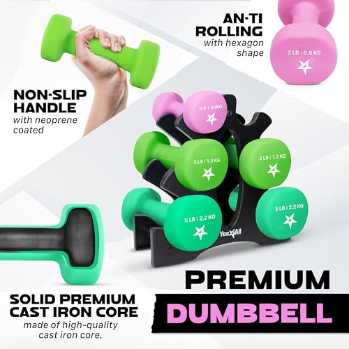 Image of Yes4All Neoprene Coated Dumbbell Hand Weight Sets of 2 - Multiple Weight Options with 15 Colors, Anti-roll, Anti-Slip, Hexagon Shape