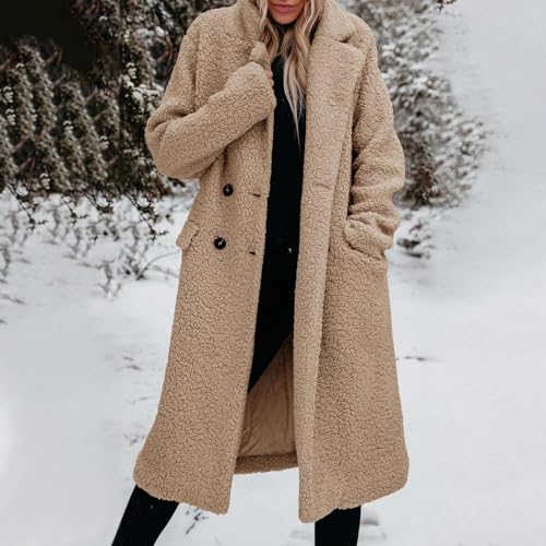 Womens Fuzzy Fleece Jacket Sherpa Trench Coat Trendy Double Breasted Open Front Long Cardigan with Pocket S-XXL3
