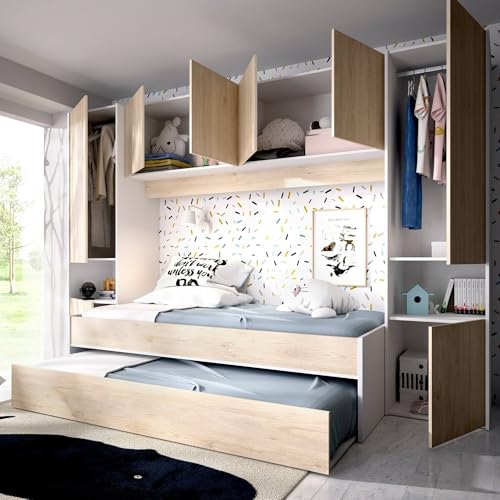 Dmora - Kinderbett Venturosa, Komplettes Schlafzimmer mit Bridge-Kleiderschrank und Kommode, Komposition mit Bett und Einzelausziehbett, 303 x 97 x...