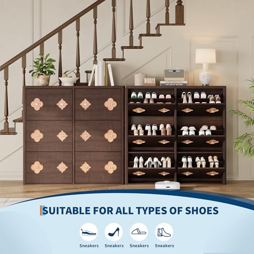 Image of GarveeHome Shoe Storage Cabinet with 6 Flip Drawers, Narrow Wood Shoe Organizer Cabinet with Floral Pattern, Freestanding Slim Shoe Rack Cabinet with Adjustable Shelves, for Entryway, Hallway, Brown