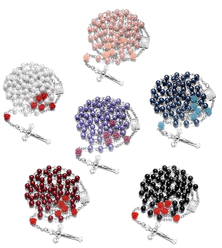 Rosary Beads Catholic Bulk for Women Men, Rose Our Father Beads with Jesus Christ Crucifix Cross First Communion Confirmation Gifts-6 Packs3