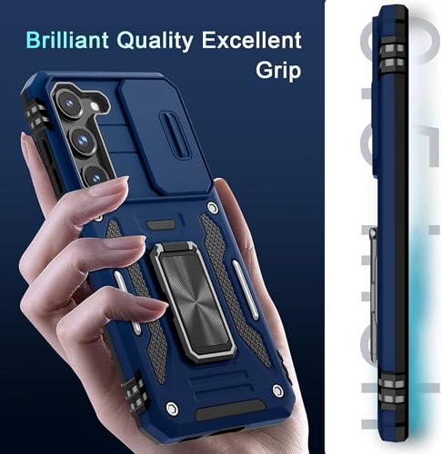 Image of ShieldTech Back Cover Case Compatible for Samsung Galaxy S23 Plus 5G with Slide Camera Cover & Rotated Ring Kickstand | Military Grade Mobile Phone Cover Case for Samsung Galaxy S23 Plus 5G (Blue)