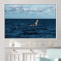 Framed Canvas Wall Art Swimming Free Cool Group Marine Life Multicolor Nautical Photography Realism Relax/Calm Whale - 16x24 inches
