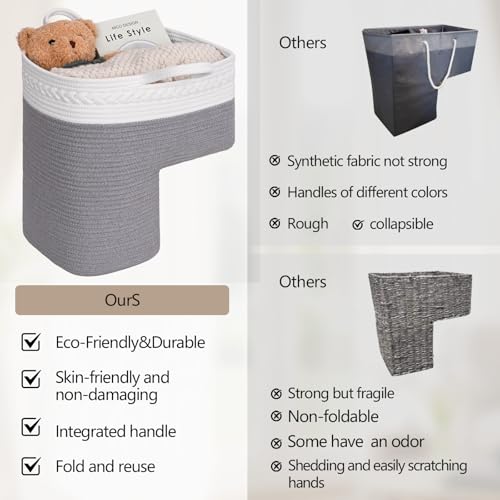 Image of Stair Basket for Wooden & Carpeted Stairs, Foldable Cotton Rope Step Basket with Handles, Staircase Storage Organizer, Fog Grey, 15 inch Lx 10 inch W x 15 inch H