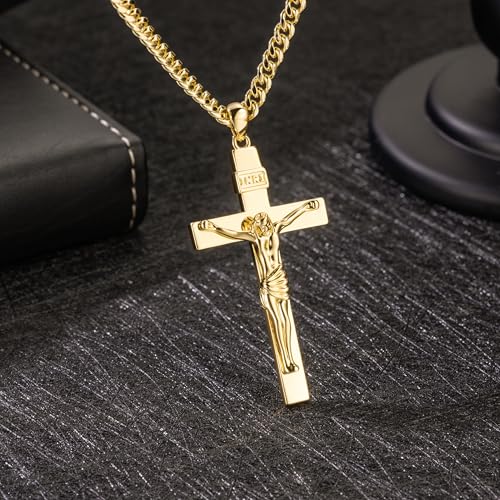 14K Gold Cross Necklaces for Men Gold Chain for Mens Cross Necklace Versatile and Timeless Crucifix Necklace for Men 20", 22", 24"2