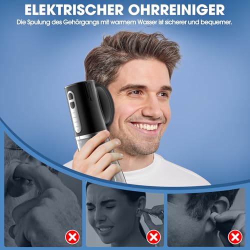 Ohrenschmalz Entferner, Elektrischer Ohrenreiniger mit 4 Druckmodi, IPX7 Wasserdicht Ohrenspülung, 6-Düsen Ohrendusche, Ohrreiniger für Erwachsene Kinde, Schwarz