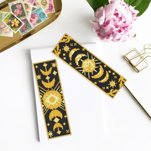 Image of INFUNLY 6 Set Sun Moon Cross Stitch Bookmark Kit for Beginners Star DIY Cross Stitch Kits 8.54 inchx2.99 inch Pre-Printed Snake Stamped Embroidery Bookmark Kit with Instruction for Book Lovers Reader