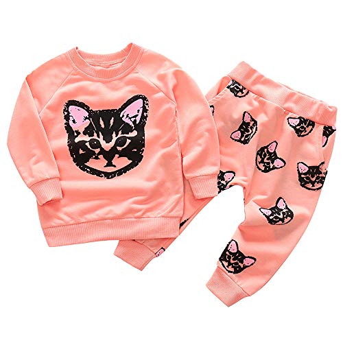 Toddler Baby Girls Fall Sweatshirt Outfits Clothes 1-5 Years Old,Cute Kids Cats Print Tracksuit Top and Pants Set (3-4 Years Old, Pink)