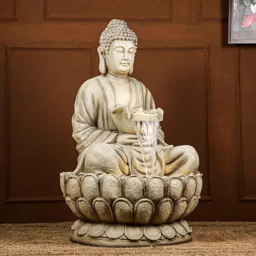 Image of 44 inch Kamal Buddha Water Fountain for Home & Garden|Fiber Buddha Fountain with LED Light|Indoor Outdoor Fountain for Vastu & Positivity (Beige, 44 inch Super Buddha Fountain)
