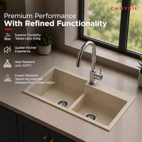 Image of Carysil TIP TOE DB ULTRA Quartz Kitchen Sink 34 x 20 x 8 inches, Single Bowl with Drain Board, 80% Quartz & 20% Resin, Heat Resistant 300C, 50kg Load, Scratch Resistant Granite Sink - Cream