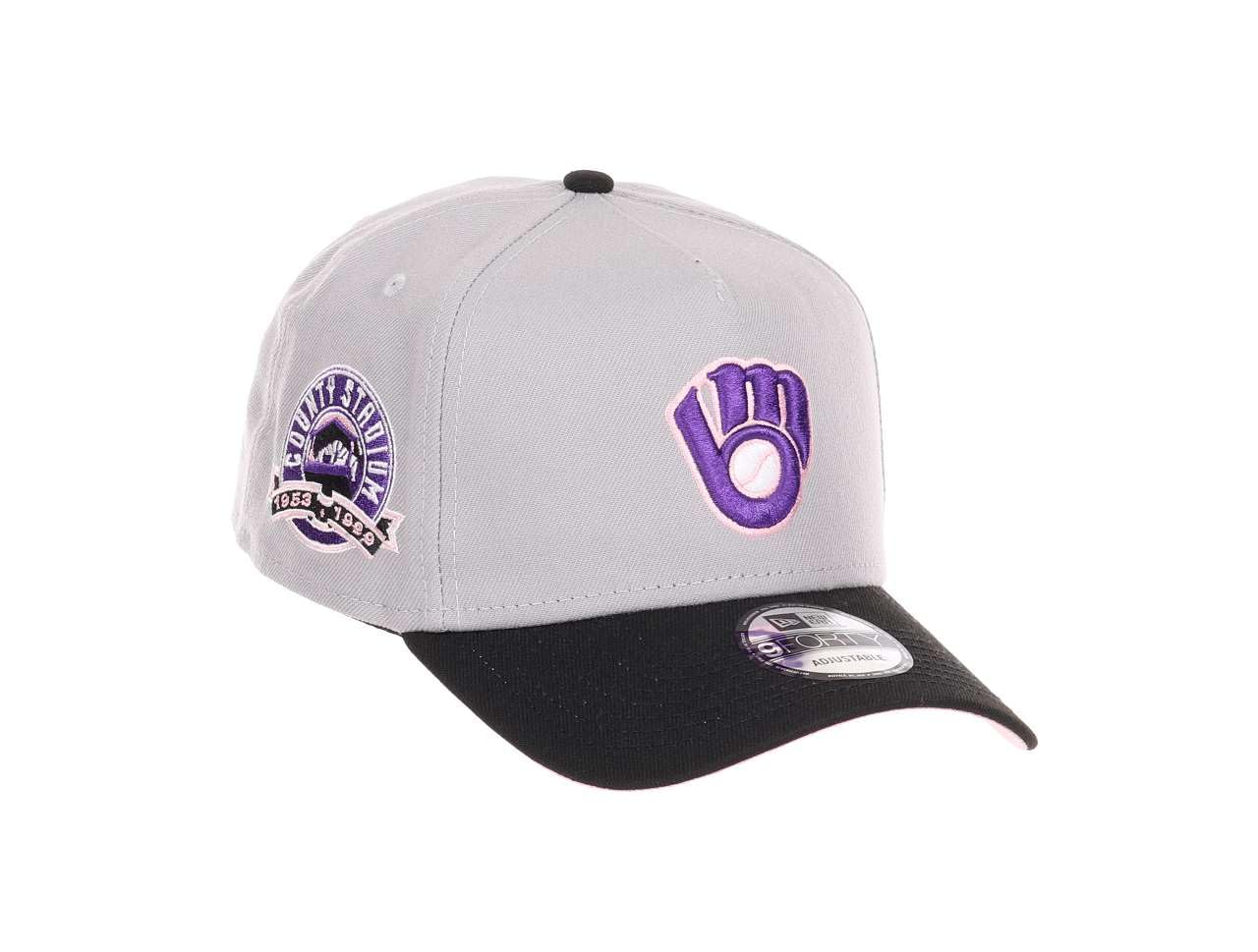 New Era Men's Milwaukee Brewers #31239 Milwaukee Brewers Mlb County Stadium Sidepatch Gray Black 9Forty A-Frame Adjustable Cap