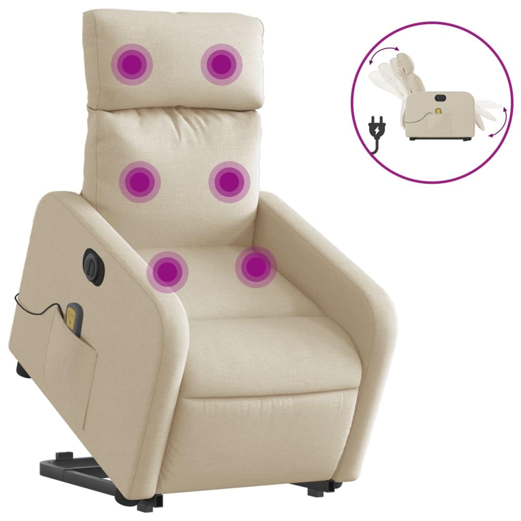 Sillón elevador eléctrico reclinable de tejido crema con 6 puntos de vibración y motor para elevación e inclinación, estructura estable y bolsillo lateral