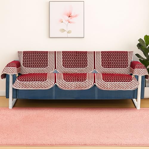 Image of Premium Chenille Woven Anti-Slip 3 Seater Sofa Cover with Arm Rest | L-Shape Sofa Seat Protector for Living Room | Durable & Stylish Slipcover - Maroon - 3D