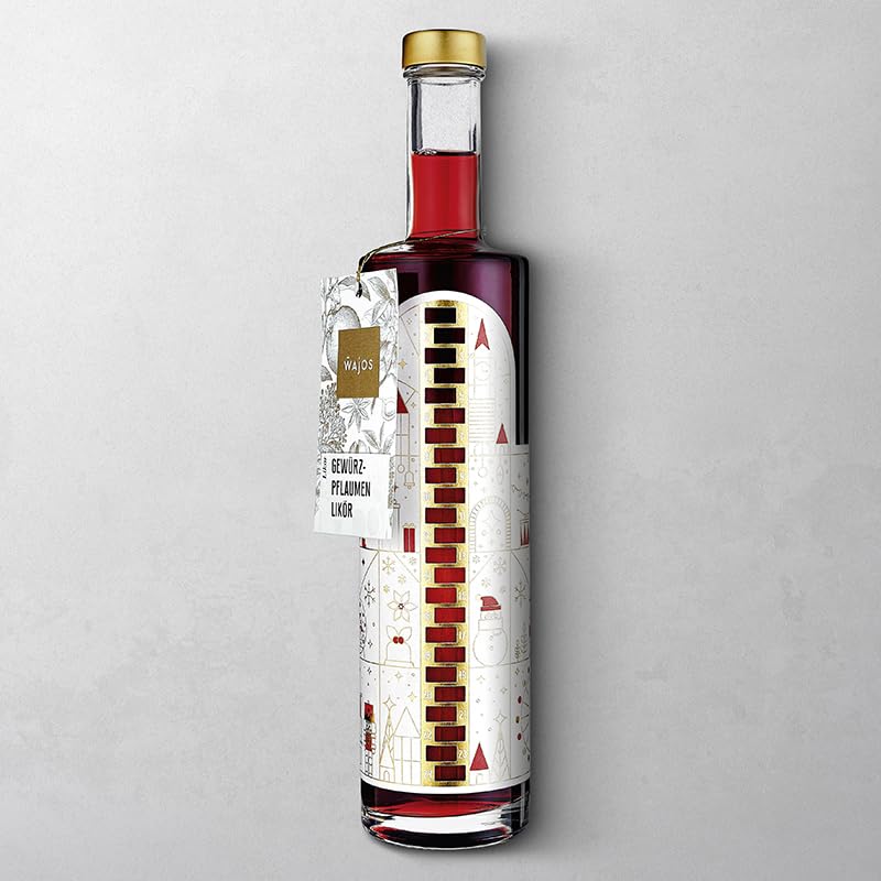 Wajos Adventskalender Flasche 500 ml: Glasflasche gefüllt mit Gewürzpflaumen Likör, der etwas andere Adventskalender als Alternative zum Diy Adventskalender