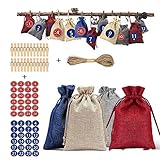 Buntes und niedlichen Aussehen perfekt für als kleine Überraschung für Adventskalender: 24 Stück 4 Farbe Stoffbeutel; 24 Aufkleber mit den Zahlen (1. bis 24. Dezember) ;24 Holzklammern ,1 Hanfseil